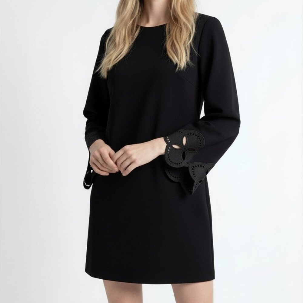 London Times Petite XL Black Scuba Crepe Shift Dress NWT Embellished Sleeve